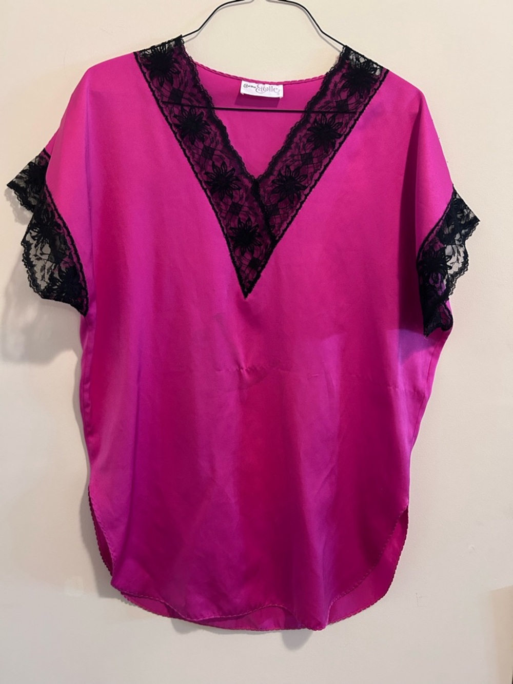 Cinema Etoile Fuchsia Satin Top with Black Lace Trim